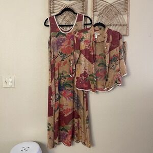 Vintage Citron Santa Monica Silk 2-Piece Maxi Dress & Blouse Peacock Sz XS B17